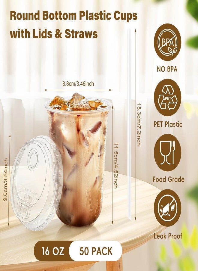KesaPlan 50 Pack 16oz Clear Plastic Cups with Sip Lids & Straws，Disposable Elevated Dual-hole Lid Round Bottom To Go Cup for Iced Coffee Cold Beverage Juice Smoothie Lemonade Party Catering Supplies - Image 2
